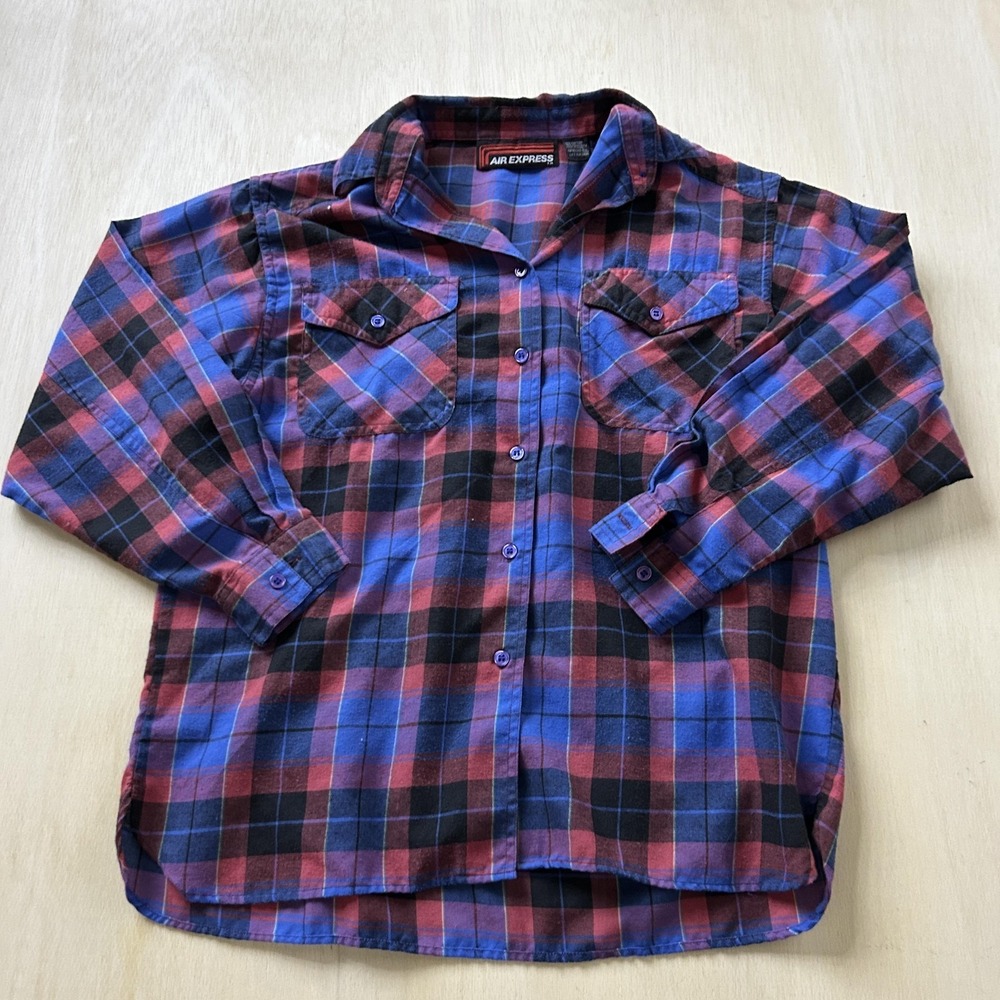 Vintage Air Express Shirt Womens 12 Red Blue Plaid Flannel Long Sleeve Button Up